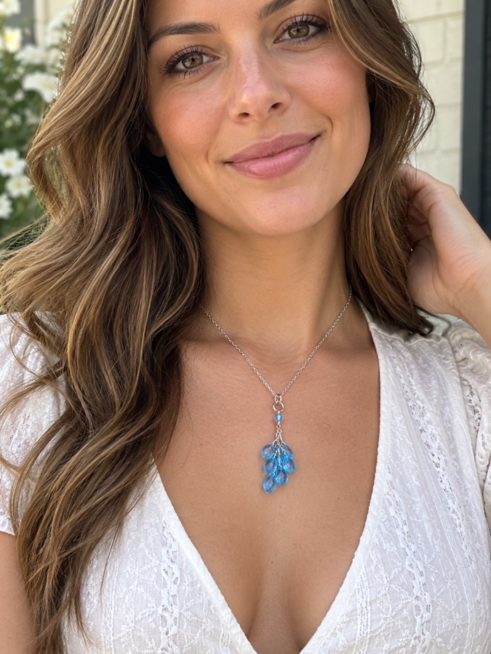 Handmade Natural Swiss Blue Topaz 14K White Gold Pendant Necklace - no chain